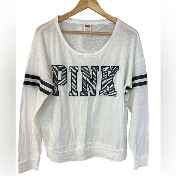 PINK Victoria's Secret Tops - Victoria’s Secret PINK White Zebra Print Crew Neck Tee Size Large